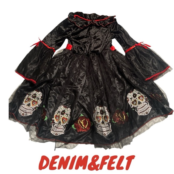 Hallow’s Eve Girls Black/Red Day of The Dead Tulled Dress Halloween Costume |NEW - Picture 2 of 9